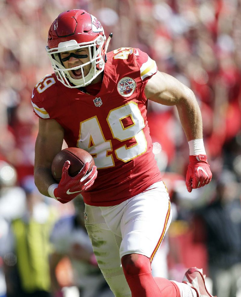 Kansas City Chiefs defensive back Daniel Sorensen runs for a touchdown after intercepting a throw by New Orleans Saints quarterback Drew Brees on Sunday in Kansas City, Mo. The Chiefs have six defensive scores since the start of last season, tops in the NFL.