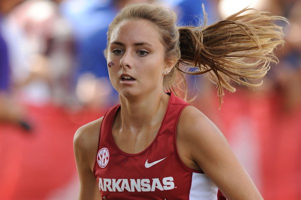 Arkansas' Devin Clark comes into the finish line Saturday, Oct. 1, 2016, during the 28th annual Chile Pepper Cross Country Festival at Agri Park in Fayetteville.