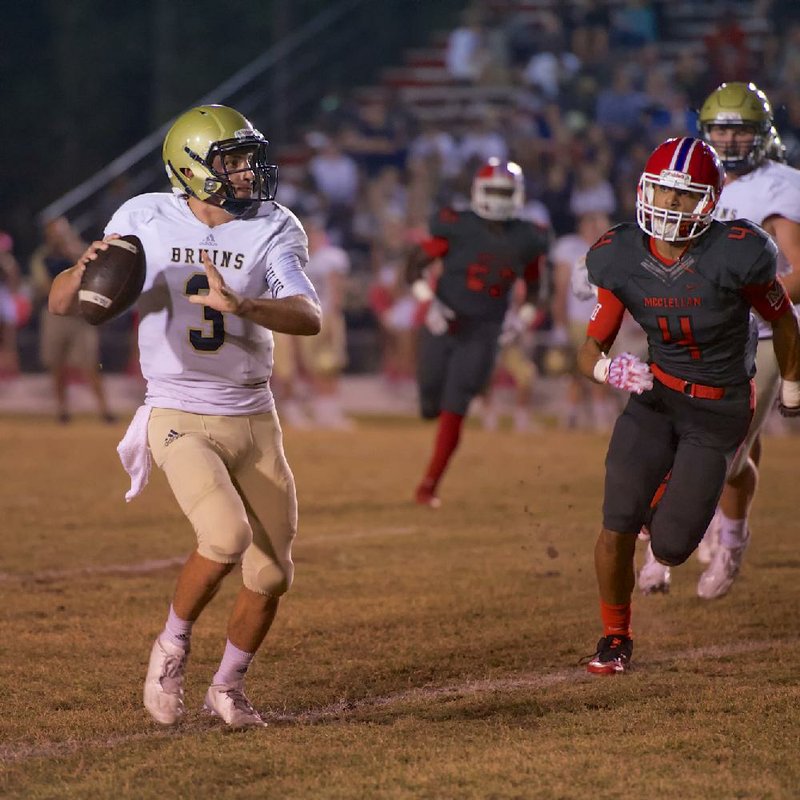 Pulaski Academy junior quarterback Layne Hatcher threw two touchdowns and four interceptions, but the Bruins held on for a 22-18 victory Friday night at Little Rock McClellan.