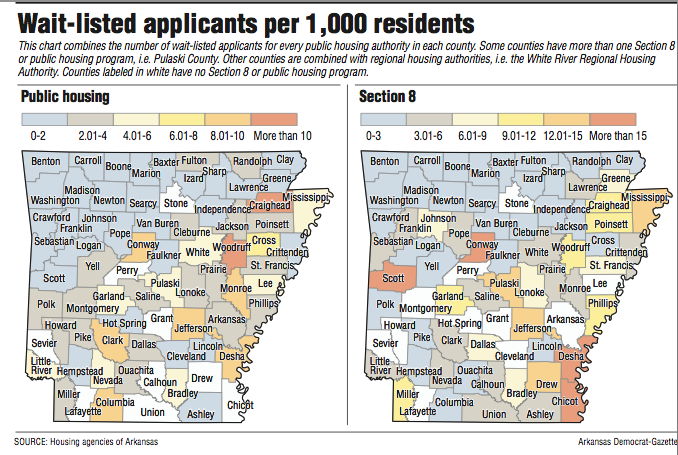 Maps showing Wait-listed public housing/section 8 applicants per 1,000 residents