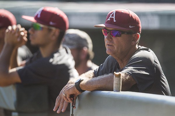 Arkansas coach Dave Van Horn watches practice on Monday, Oct. 17, 2016, at Baum Stadium in Fayetteville.