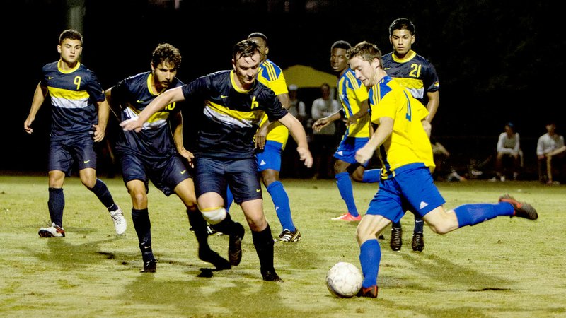 Photo courtesy of JBU Sports Information John Brown University sophomore Conner Haney takes a shot against Texas Wesleyan on Thursday night in the Golden Eagles&#8217; 2-0 win over the Rams.