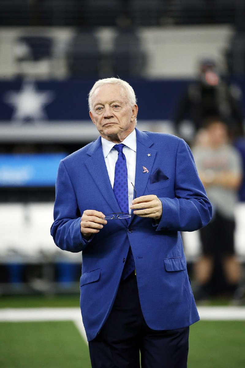 Dallas Cowboys team owner Jerry Jones walks across the field during warm ups before an NFL football game against the Cincinnati Bengals on Sunday, Oct. 9, 2016, in Arlington. 