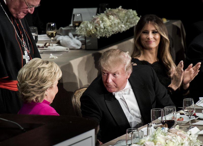 Former Secretary of State Hillary Clinton attends the Alfred E. Smith dinner along with Donald Trump and Cardinal Timothy Dolan, at the Waldorf Astoria in Manhattan in October