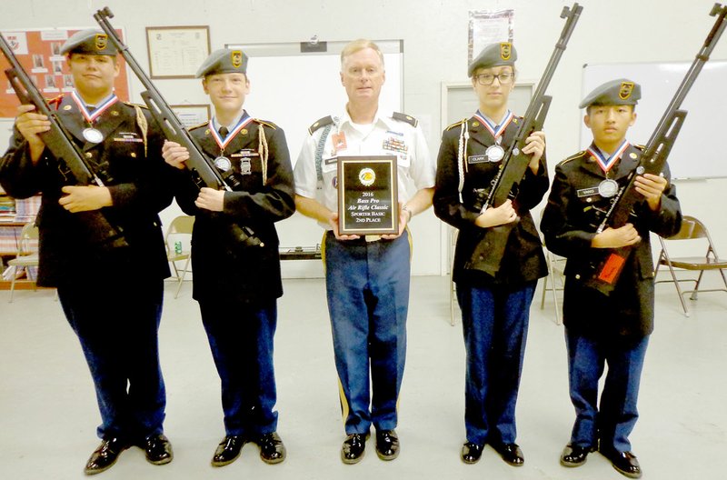 PHOTO SUBMITTED BY MAJOR GRIFFITHS McDonald County J.R.O.T.C. placed second in the 2016 Bass Pro Air Rifle Classic in the Sporter Basic division. Pictured are, from left, Skyler Brewer, Malachi Colon, Major Griffiths, Rebecca Clark and Erin Yang.