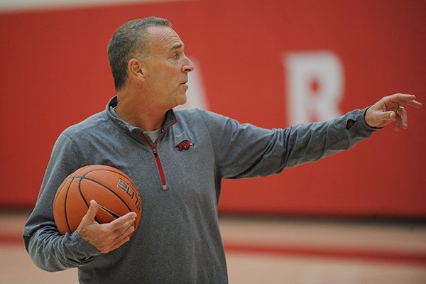 Arkansas women's basketball coach Jimmy Dykes speaks to his players Wednesday, Oct. 12, 2016, in the basketball practice facility on the university campus in Fayetteville.