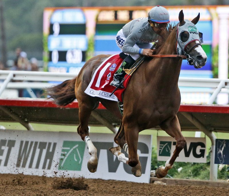 FILE - In this Aug. 20, 2016, file photo, California Chrome flies down the stretch on the way to winning the Pacific Classic horse race at Del Mar Thoroughbred Club in Del Mar, Calif. California Chrome will try to cap an undefeated year with a victory in the $6 million Breeders' Cup Classic this weekend at Santa Anita. 