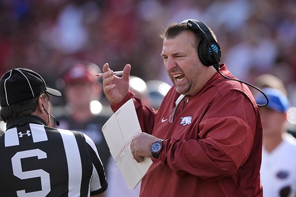 Arkansas coach Bret Bielema argues with an official during a game against Florida on Saturday, Nov. 5, 2016, in Fayetteville. 
