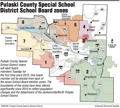 Map showing Pulaski County Special School District School Board zones