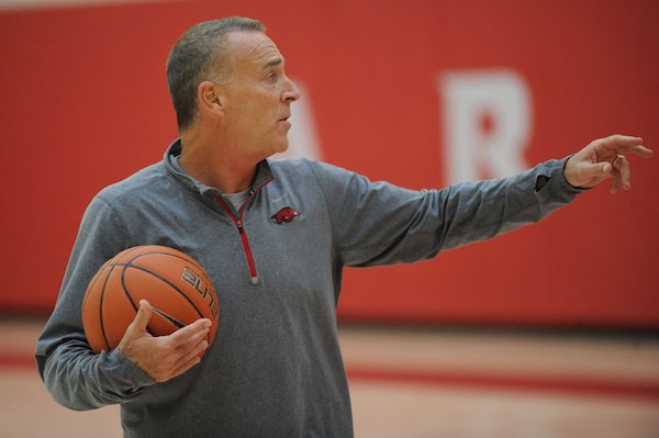 Arkansas women's basketball coach Jimmy Dykes speaks to his players Wednesday, Oct. 12, 2016, in the basketball practice facility on the university campus in Fayetteville.