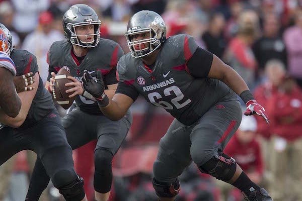 Arkansas sophomore Johnny Gibson (62) blocks against Florida during his first career start Saturday, Nov. 5.