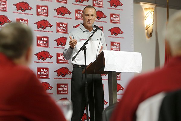 Arkansas coach Jimmy Dykes speaks to fans during a luncheon Monday, Nov. 7, 2016, at Mermaid's in Fayetteville. 