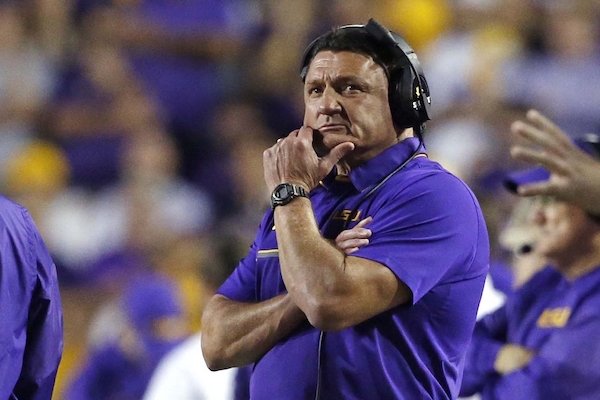 LSU interim head coach Ed Orgeron works the sideline in the second half of an NCAA college football game against Alabama in Baton Rouge, La., Saturday, Nov. 5, 2016. Alabama won 10-0. 