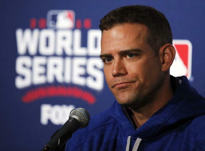 Chicago Cubs president for baseball operations Theo Epstein speaks during a news conference for Game 3 of the Major League Baseball World Series against the Cleveland Indians, Thursday, Oct. 27, 2016, in Chicago. 