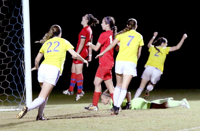 Photo courtesy of JBU Sports Information John Brown University sophomore Jastin Redman, No. 2, celebrates after scoring a goal Monday in the Sooner Athletic Conference semifinals in the Golden Eagles&#8217; 2-0 win over St. Gregory&#8217;s (Okla.). Redman scored both of JBU&#8217;s goals in the match. JBU advances to the finals at 5 p.m. Friday against Science and Arts of Oklahoma at Alumni Field in Siloam Springs.