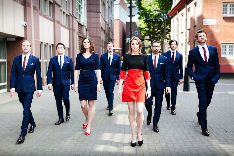 Voces8 — (from left) Sam Dressel, tenor; Barnaby Smith, countertenor; Andrea Haines, soprano; Jonathan Pacey, bass; Emily Dickens, soprano; Chris Wardle, countertenor; Rob Clark, bass; and Blake Morgan, tenor — performs today at the University of Central Arkansas in Conway. 
