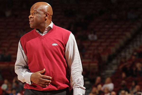 Arkansas coach Mike Anderson watches from the bench against Emporia State's Friday, Nov. 4, 2016, during the second half of play in Bud Walton Arena in Fayetteville. 