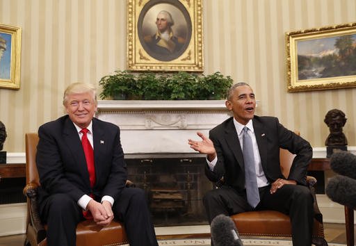 President Barack Obama meets with President-elect Donald Trump in the Oval Office of the White House in Washington on Thursday, Nov. 10, 2016. 