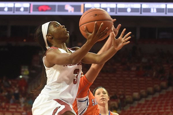 Arkansas' Malica Monk goes up for a layup during a game against Sam Houston State on Friday, Nov. 11, 2016, in Fayetteville. 