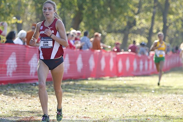 Arkansas sophomore Devin Clark nears the finish line during the NCAA South Central Regional on Friday, Nov. 11, 2016, in Fayetteville. 