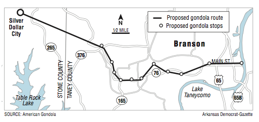 A map showing the Branson gondola proposed route and stops.