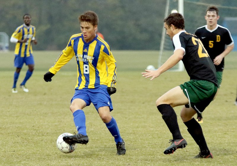 Photo courtesy of JBU Sports Information John Brown University men&#8217;s soccer player Ryan Williams takes a touch on the ball against Science and Arts (Okla.) Tuesday during the Sooner Athletic Conference Tournament semifinals at Alumni Field. The Drovers defeated the Golden Eagles 2-1.