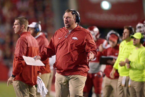 Bret Bielema, Arkansas coach, shouts on Saturday Nov. 12, 2016 during the game against LSU at Razorback Stadium in Fayetteville.