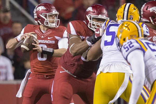 Arkansas quarterback Austin Allen passes the ball during a game against LSU on Saturday, Nov. 12, 2016, in Fayetteville. 