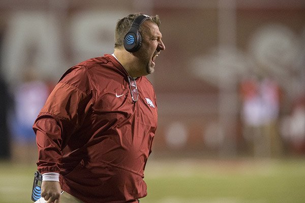 Arkansas coach Bret Bielema yells during a game against LSU on Saturday, Nov. 12, 2016, in Fayetteville. 