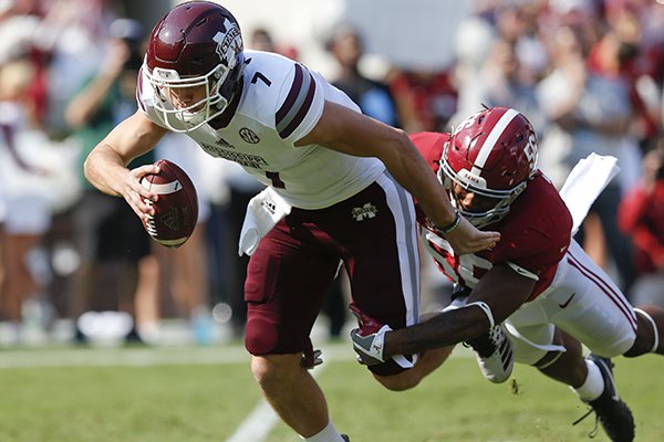 Alabama linebacker Tim Williams, right, sacks Mississippi State quarterback Nick Fitzgerald during the first half of an NCAA college football game, Saturday, Nov. 12, 2016, in Tuscaloosa, Ala. (AP Photo/Brynn Anderson)

