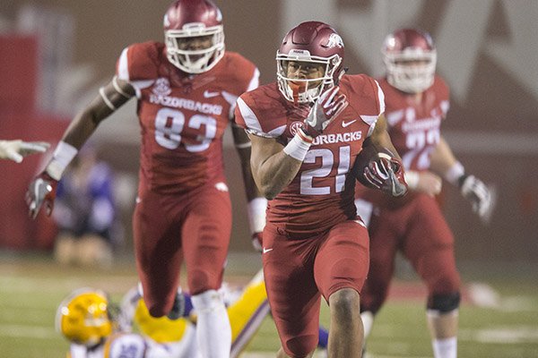 Arkansas running back Devwah Whaley carries the ball during a game against LSU on Saturday, Nov. 12, 2016, in Fayetteville. 