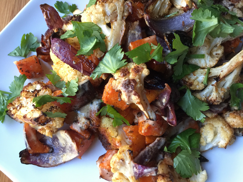 Roasted butternut squash and cauliflower with citrus-tahini dressing 
