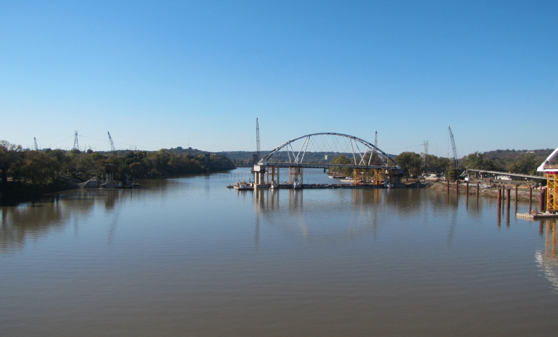 One of the two new Broadway Bridge arches was floated into place Tuesday.