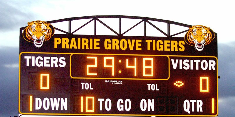 MARK HUMPHREY ENTERPRISE-LEADER The scoreboard at Prairie Grove&#8217;s Tiger Den Stadium will light up Friday when the Tigers host a second-round playoff game. Kickoff is at 7 p.m.