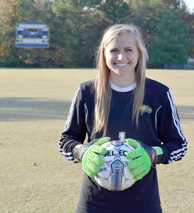 Graham Thomas/Herald-Leader John Brown University&#8217;s Kristen Morency is a four-time Sooner Athletic Conference Defensive Player of the Year award winner. Morency, a senior goalkeeper for JBU, also holds multiple career records for the Golden Eagles.