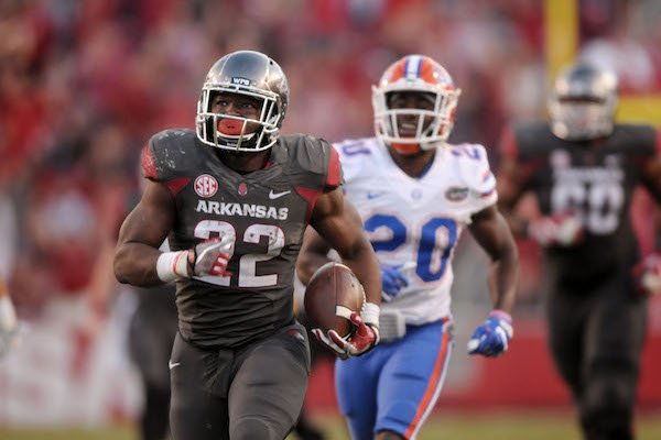 Rawleigh Williams III, Arkansas running back, breaks away for a touchdown in the 4th quarter against Florida on Saturday Nov. 5, 2016 during the game in Razorback Stadium in Fayetteville.

