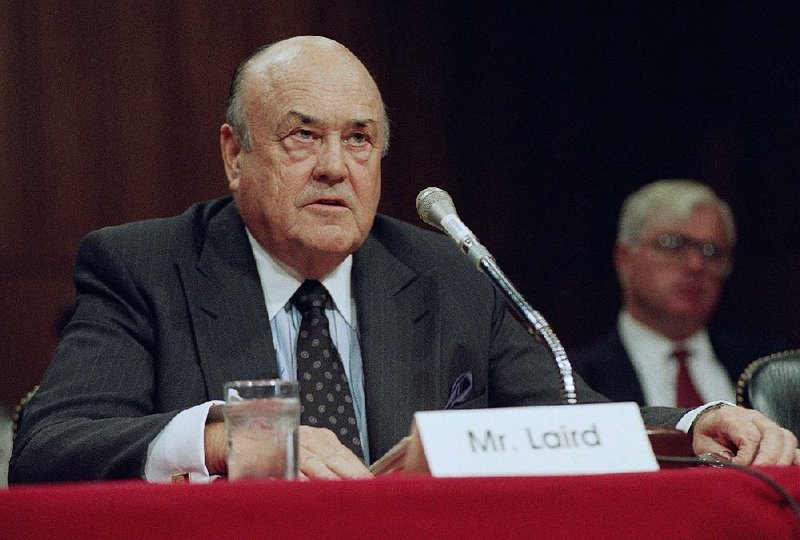 In this Sept. 1992 file photo, former Defense Secretary Melvin R. Laird testifies on Capitol Hill in Washington. Laird, Defense Secretary under Richard Nixon who helped engineer withdrawal of U.S. troops from Vietnam, has died. 