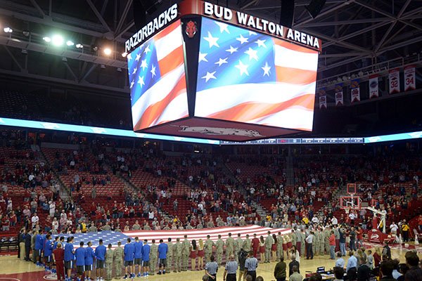 The national anthem is performed prior to a game between Arkansas and Fort Wayne on Friday, Nov. 11, 2016, in Fayetteville. 