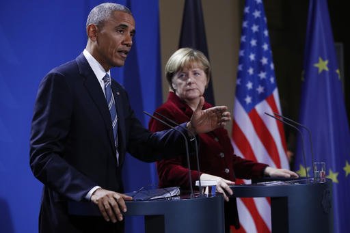 President Barack Obama and German Chancellor Angela Merkel participate in a news conference in Berlin on Thursday, Nov. 17, 2016.
