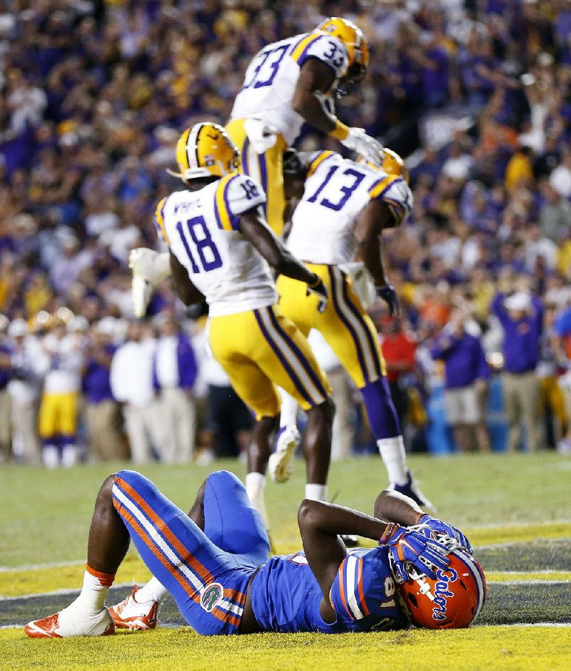 Florida wide receiver Antonio Callaway reacts after dropping a pass in the end zone during LSU’s 35-28 victory last year. Today’s game between the teams was supposed to be played Oct. 8 in Gainesville, Fla., but had to be rescheduled because of Hurricane Matthew and will now be played in Baton Rouge instead.