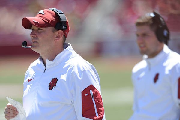 Arkansas defensive coordinator Robb Smith watches Saturday, April 23, 2016, during the annual spring Red-White game in Razorback Stadium.