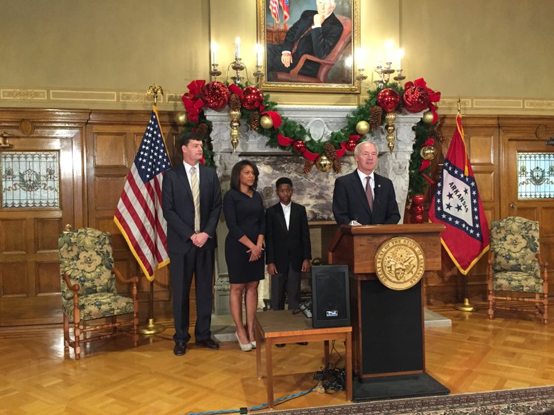 Gov. Asa Hutchinson addresses questions about medical marijuana and a proposed bill at a news conference Monday.