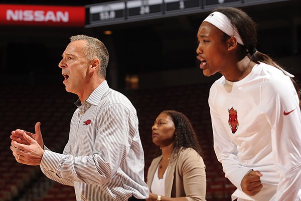 Arkansas coach Jimmy Dykes celebrates against South Dakota Thursday, Nov. 17, 2016, during the second half of play in Bud Walton Arena in Fayetteville.