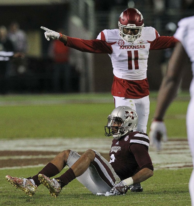 Defensive back Ryan Pulley (11) and the Arkansas defense shut out Mississippi State 24-0 in the second quarter of Saturday’s victory. One good defensive quarter may be enough to get a victory Friday against Missouri as well.