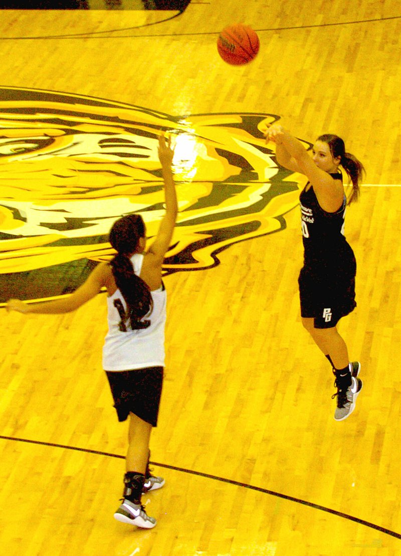 MARK HUMPHREY ENTERPRISE-LEADER Prairie Grove senior guard Camree Bartholomew launches a 3-point shot during the Black and Gold scrimmage Nov. 8.