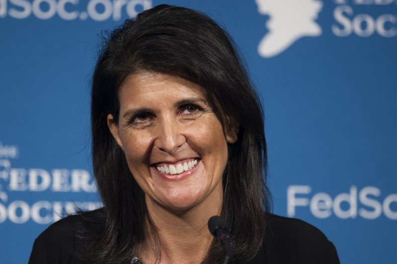  In this Friday, Nov. 18, 2016 photo, South Carolina Gov. Nikki Haley smiles while speaking at the Federalist Society's National Lawyers Convention in Washington. 
