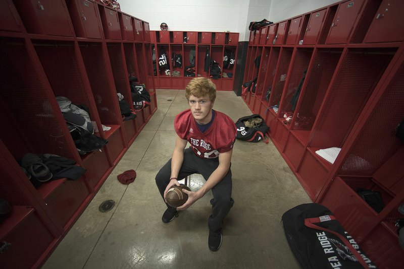 Pea Ridge senior linebacker Duncan Truesdell suffered a neck injury against Shiloh Christian which ended his football career. He is seen in the Pea Ridge locker room Monday.