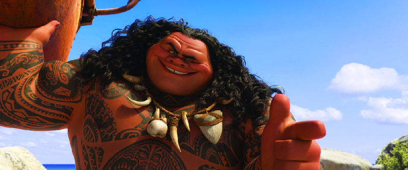 Maui (voiced by Dwayne Johnson) is a heavily tattooed demigod who serves as a spirit guide to an adventurous teenager in Disney’s animated musical Moana. 

