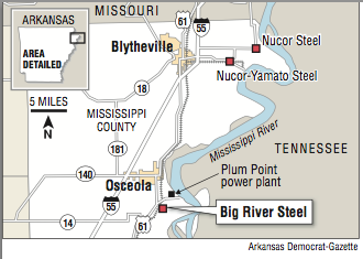 A map showing the location of Big River Steel.