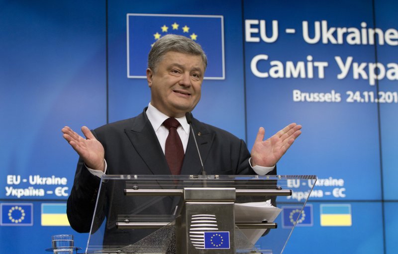 Ukrainian President Petro Poroshenko speaks during a media conference at the conclusion of an EU-Ukraine summit at the European Council building in Brussels on Thursday, Nov. 24, 2016. 